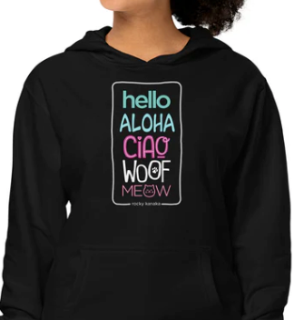 Unisex midweight hoodie: Hello, Aloha, Woof, Meow