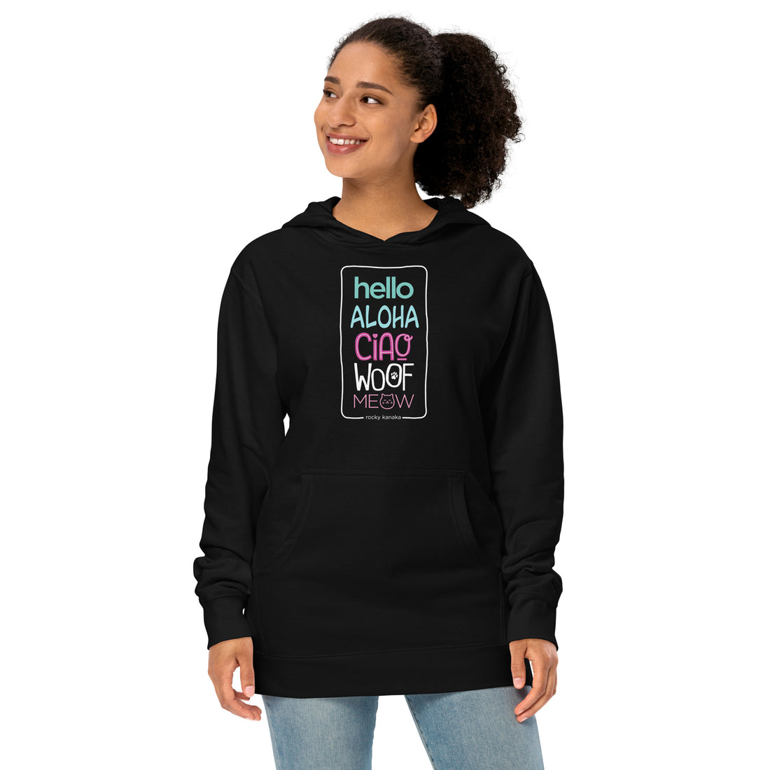 Unisex midweight hoodie: Hello, Aloha, Woof, Meow